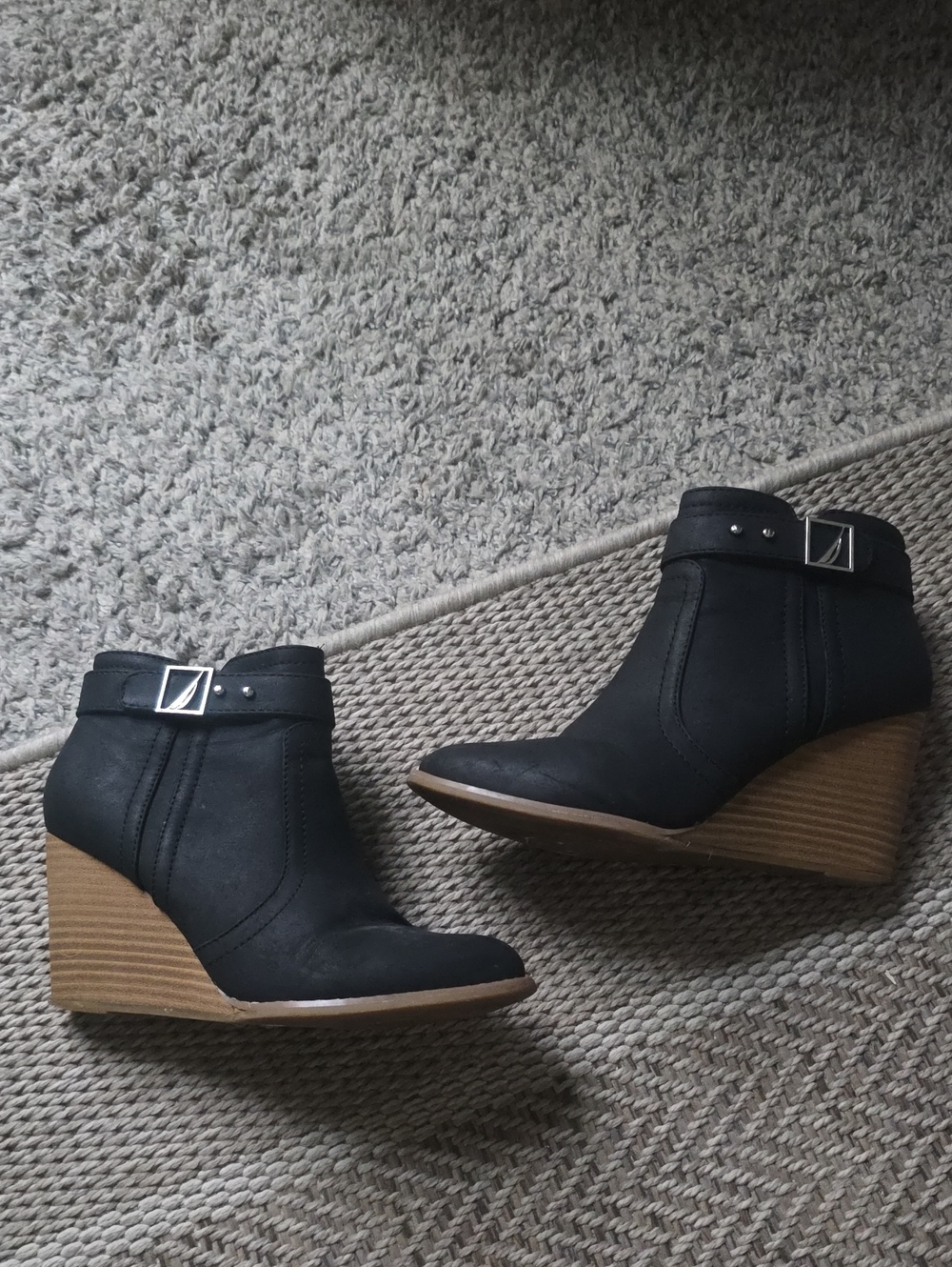 Nautica Black Wedge Ankle Booties with Buckle Accent